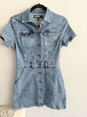 Rewash Light Blue Denim Mini Dress with Button Front
